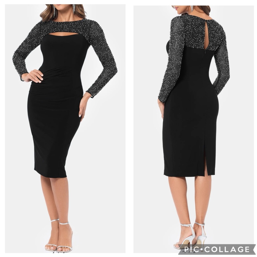 Betsy & Adam Rhinestone Long Sleeve Cutout Sheath Dress Black 6‎